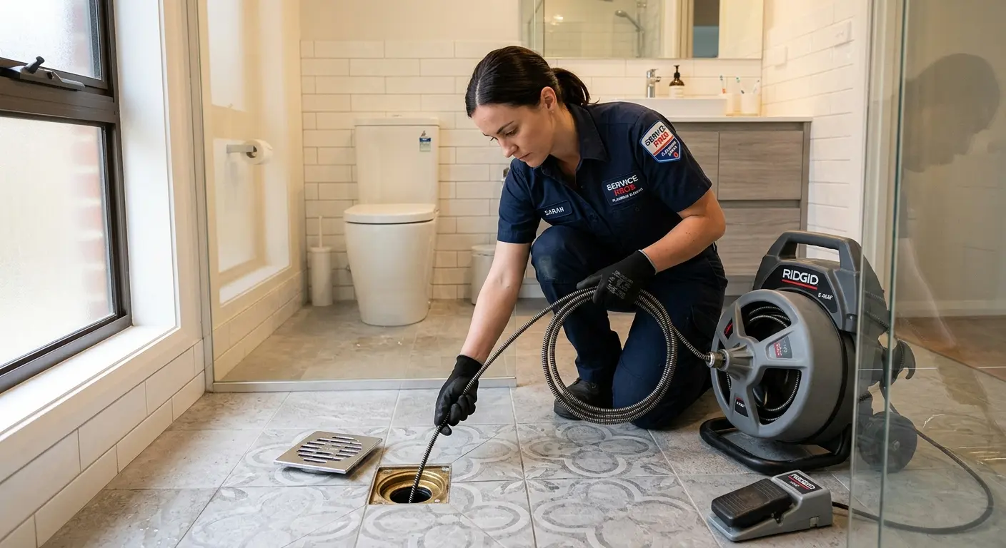 Technician clearing a bathroom floor drain for Drain Repair in Holmdel
